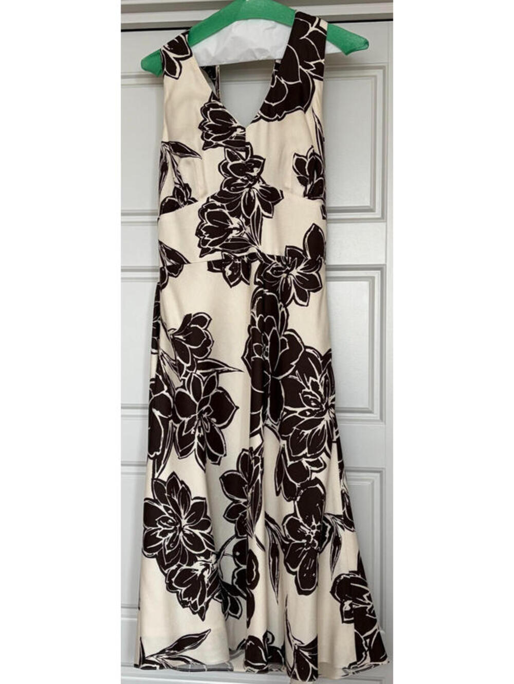 Ann Taylor Tie Neck Floral Dress Womens Size 4 Brown Cream A-Line Midi